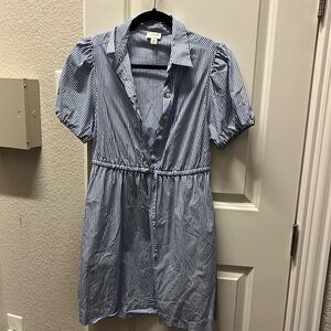 J crew factory shirt dress, blue and white stripes, puff sleeves. 4 petite.